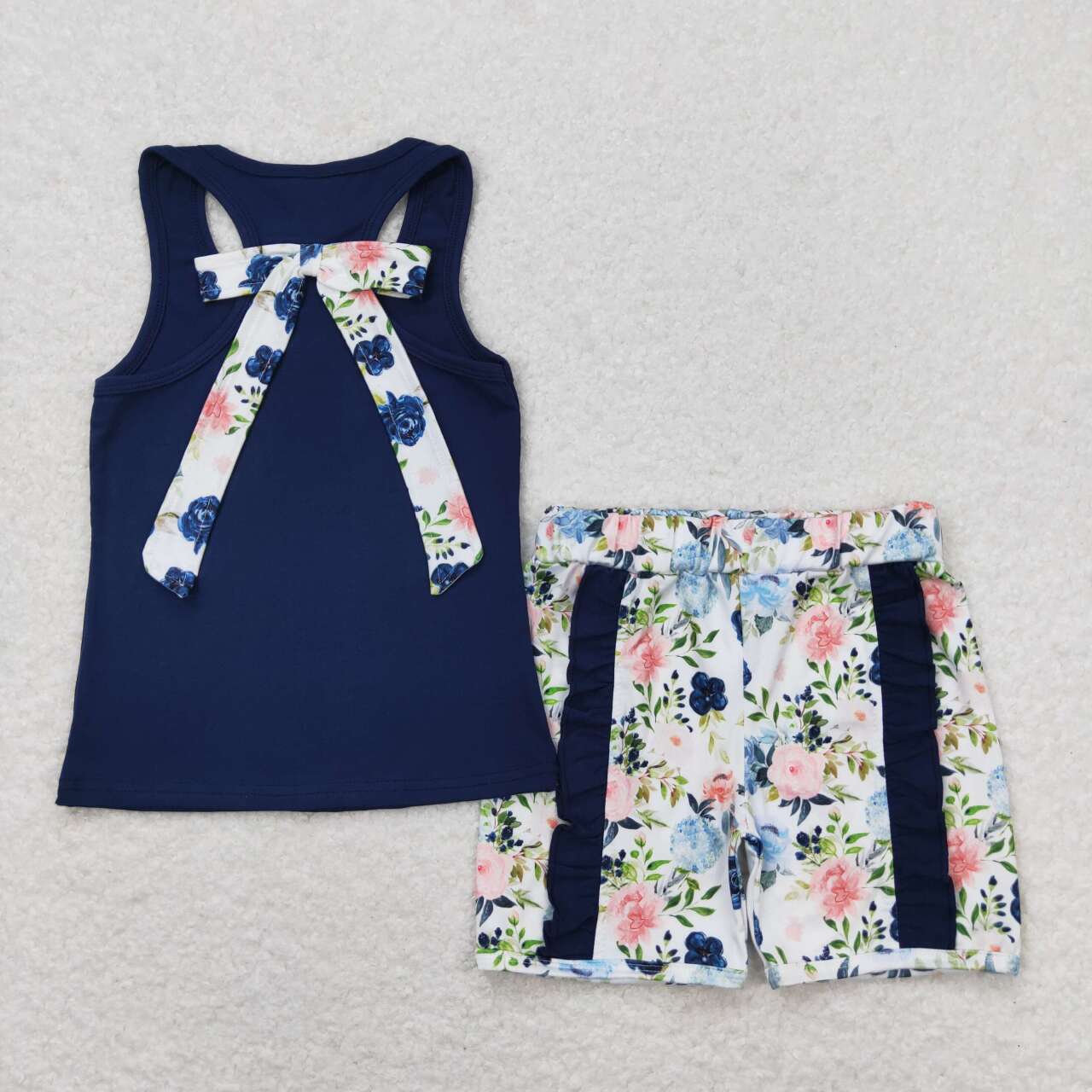 GSSO1062 navy blue sleeveless navy blue flowers shorts girls set