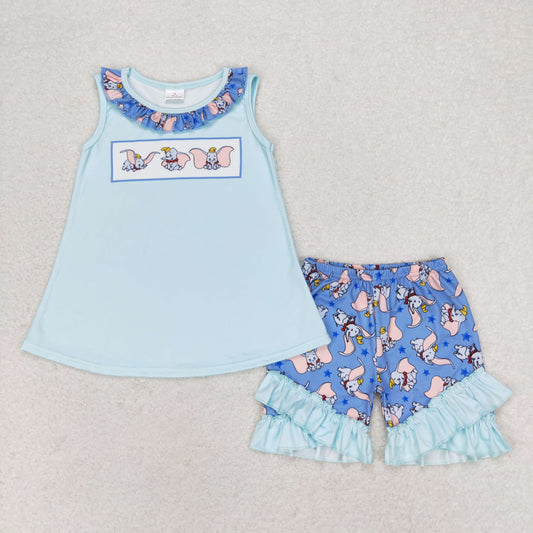 GSSO1203 cute cartoon elephant sky blue sleeveless blue shorts girls set