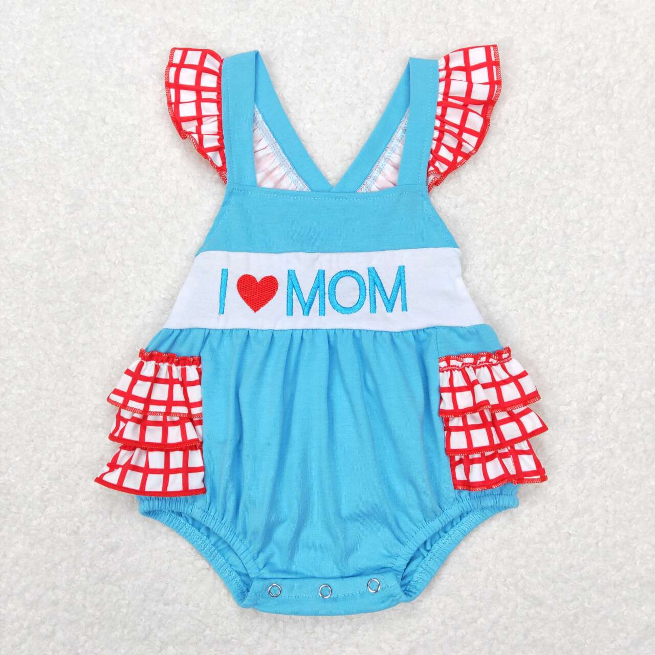 SR0683 I love mom blue red checkered flutter sleeve girls romper