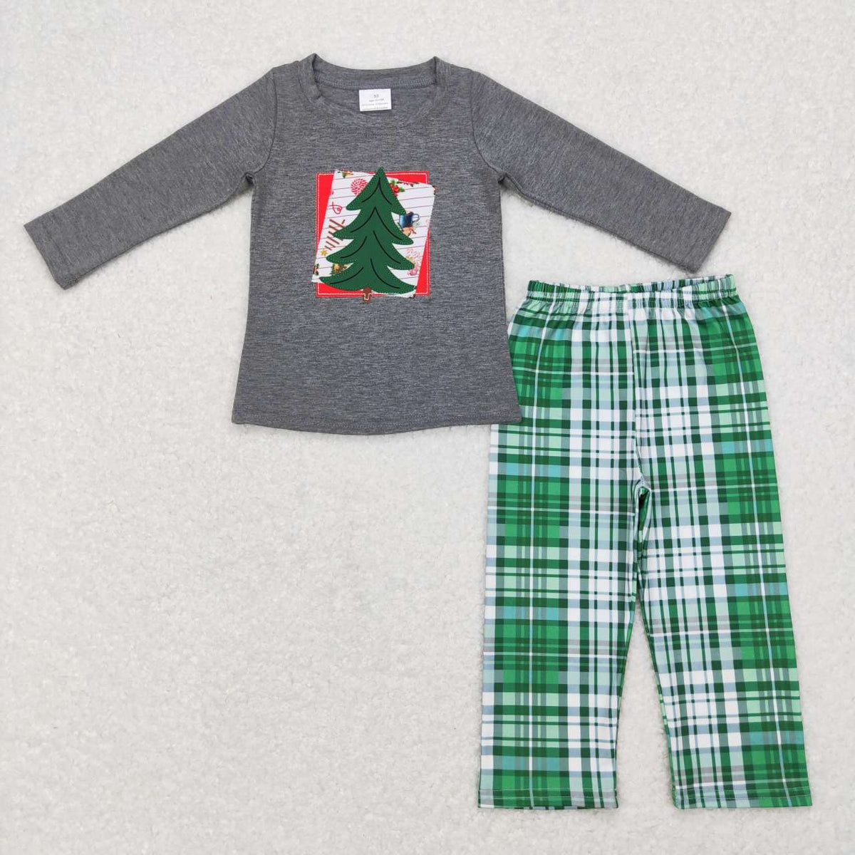 BLP0351 Christmas tree grey long sleeve green pants boys set