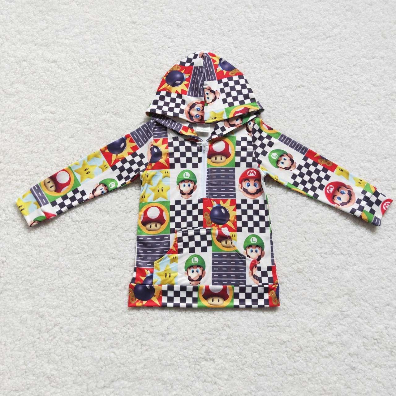BT0311 Cartoon hero star black plaid long sleeve hoodie kids top