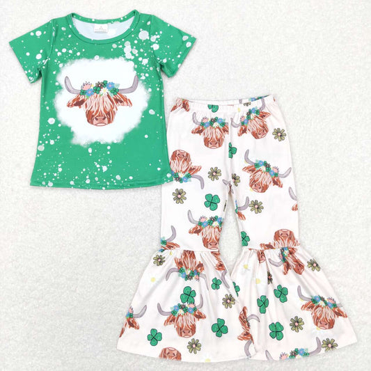 GSPO1180 Saint Patrick Western Highland Cow Green Short Sleeve Pants Girls Set