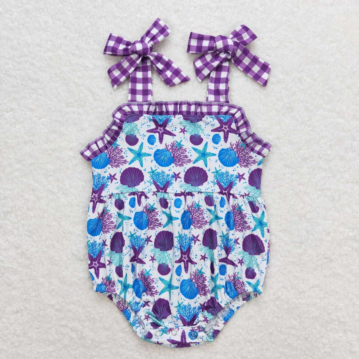SR1184 Purple blue starfish shell checkered sleeveless girls romper