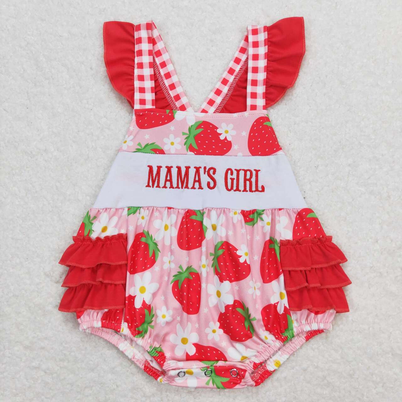 SR1269 embroidery mama's girl strawberry flowers pink flutter sleeve girls romper