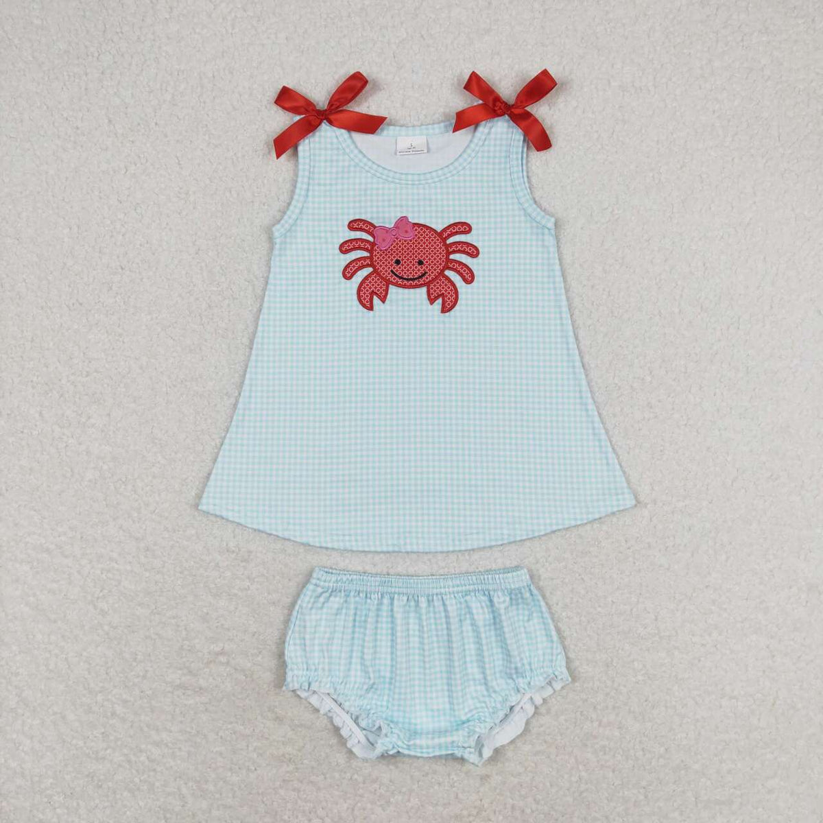 GBO0267 embroidery Crab Blue Checkered Sleeveless Girls Bummies Set