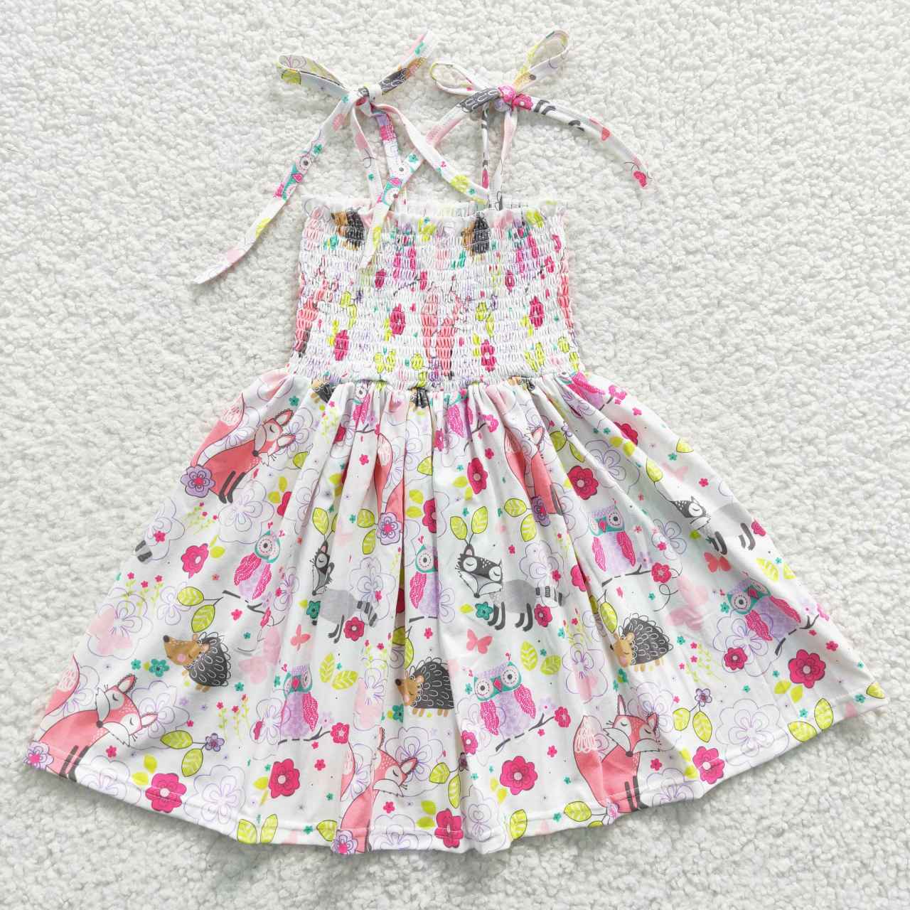 GSD0352 Smocking Stitch Fox Hedgehog Flowers Girls Summer Dress