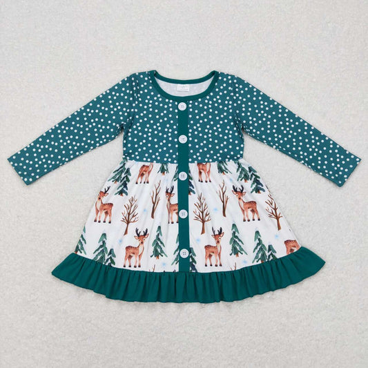 GLD0429 Christmas deer tree green long sleeve girls dress