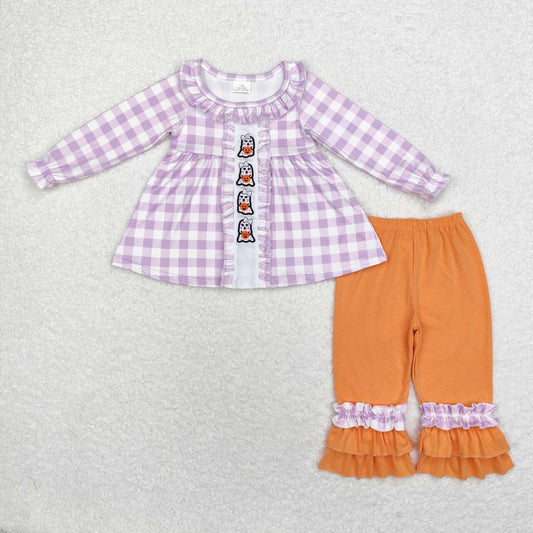 embroidery GLP1434 Halloween spooky pumpkin purple checkered long sleeve orange pants girls set