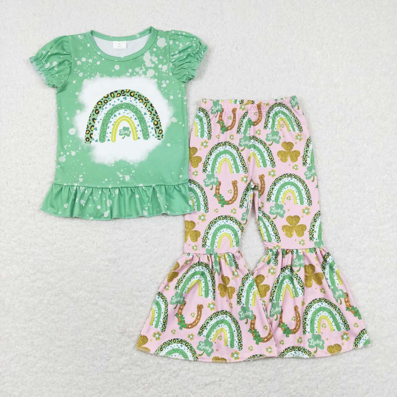 GSPO1234 Clover Rainbow Green Short Sleeve Pink Pants Girls Set Kids Saint Patrick Clothes