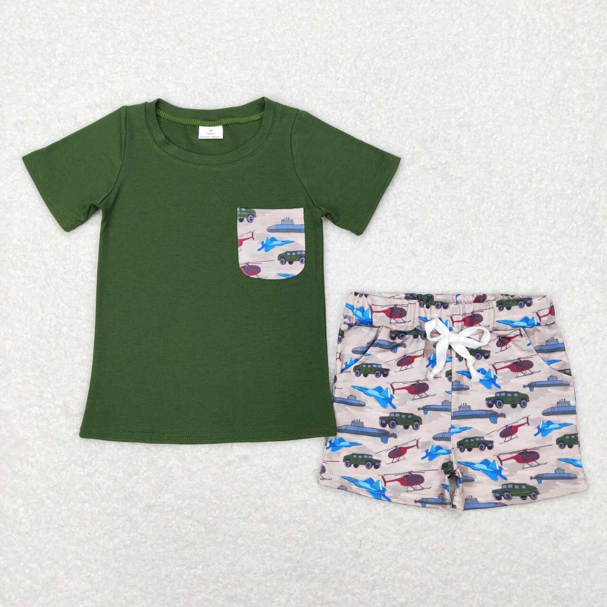 BSSO0338 Submarine truck green pocket short sleeve shorts boys set