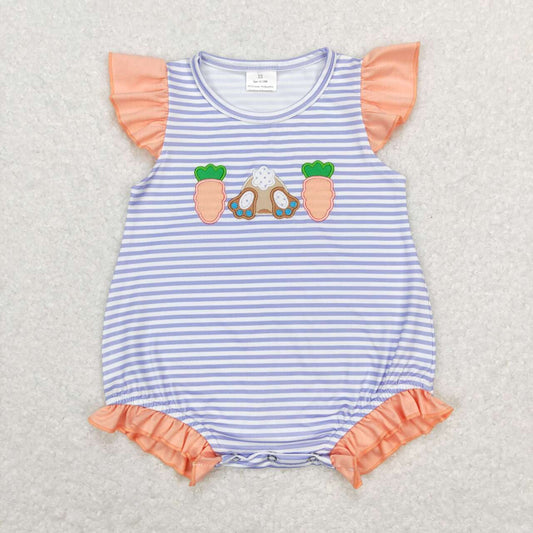 SR0533 Easter rabbit carrot blue striped flutter sleeve girls romper