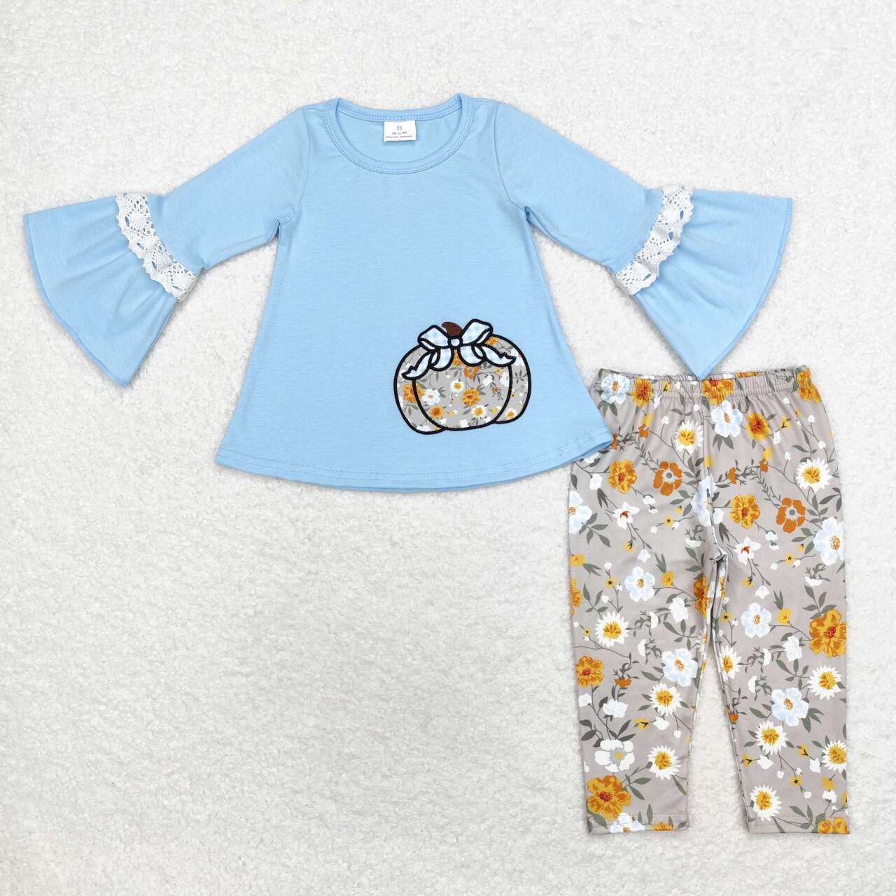 embroidery GLP1639 pumpkin blue long sleeve flowers pants girls set