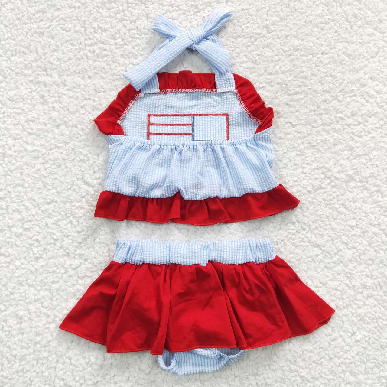 S0134 Embroidery 4th of July Flag Blue & Red Bathing Suits Swimsuits