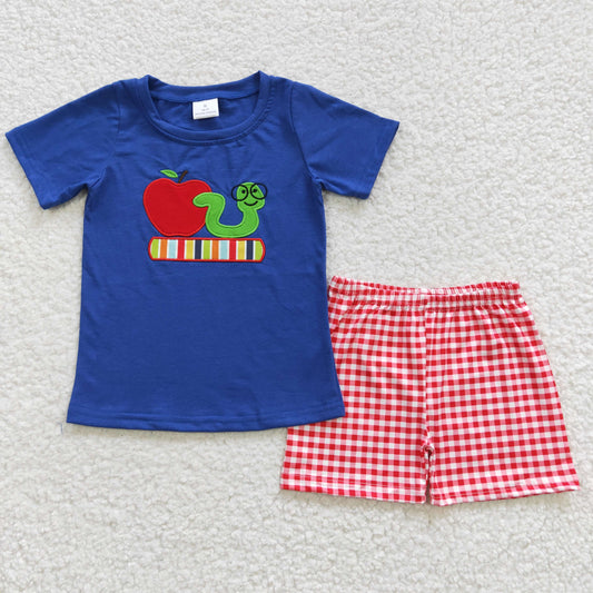 BSSO0254 Back To School Boys Embroidery Books Apple Short Sleeve Red Shorts Outfits