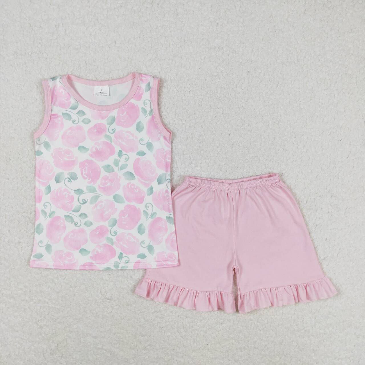 GSSO0975 pink flowers sleeveless pink ruffles shorts girls set