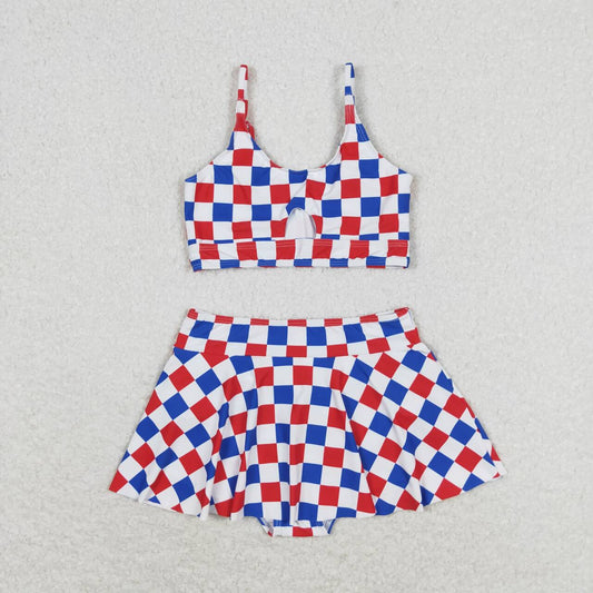 S0287 red blue checkered girls swimsuits