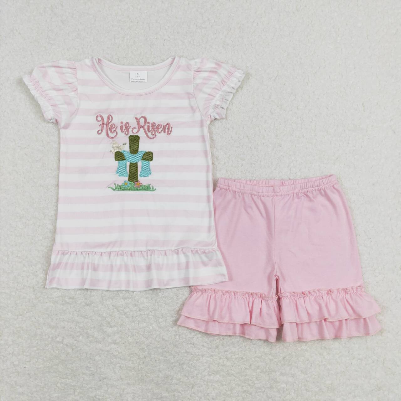 GSSO0382 Easter He is Risen pink short sleeve shorts girls set