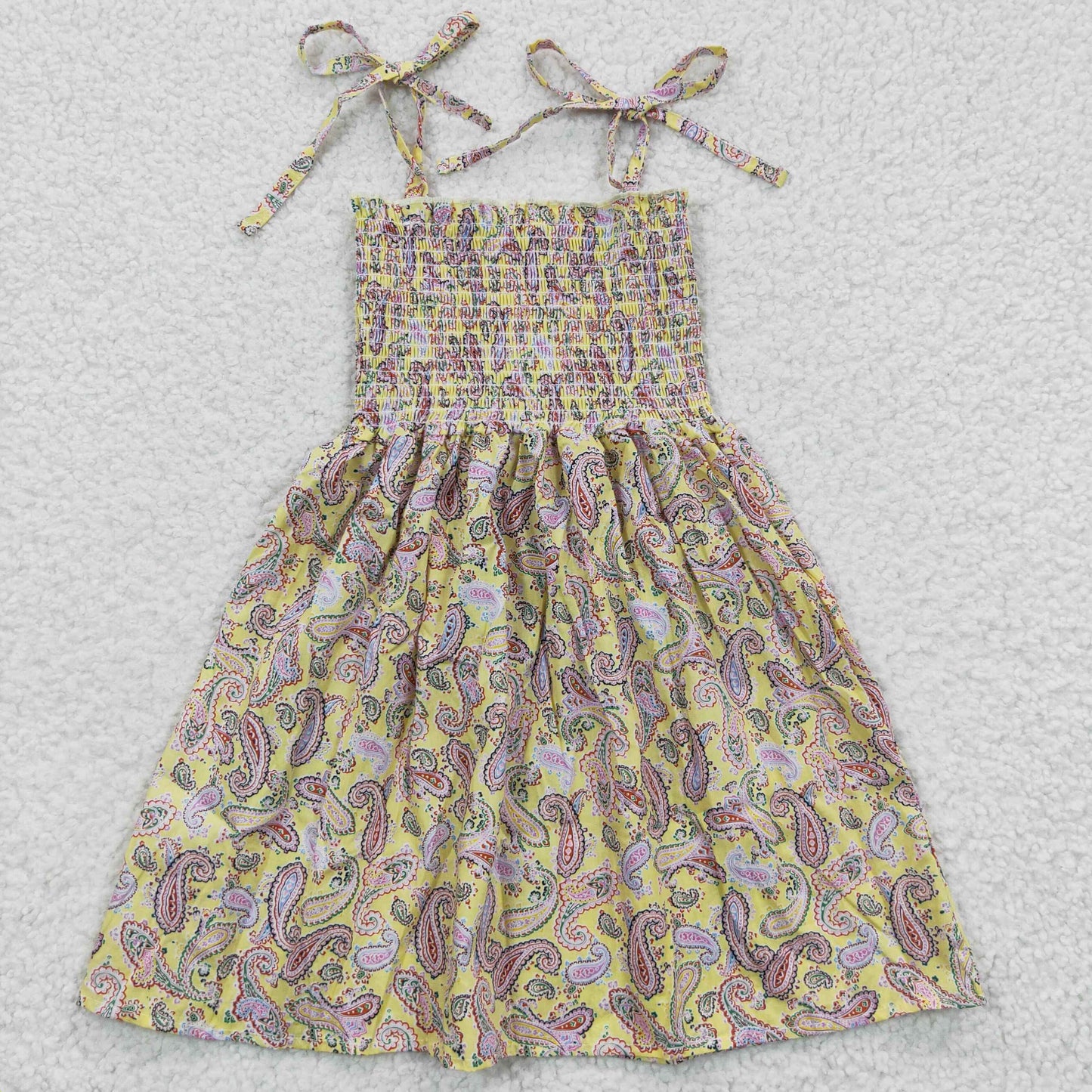 GSD0372 Smocking Stitch Vintage Pattern Yellow Girls Summer Dress