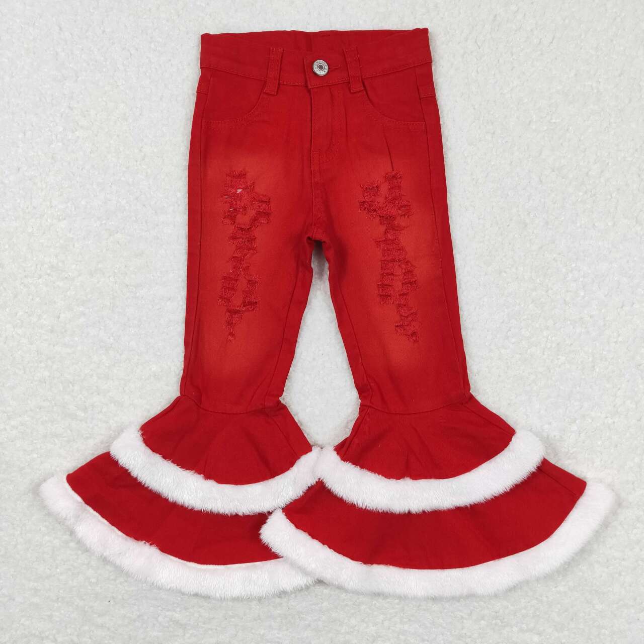 P0334 Red hole plush denim pants