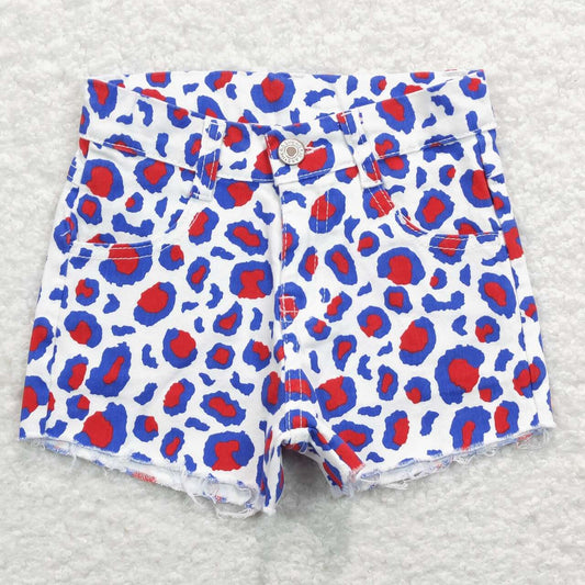 SS0167 Blue Red Leopard Denim Shorts Girls Jeans