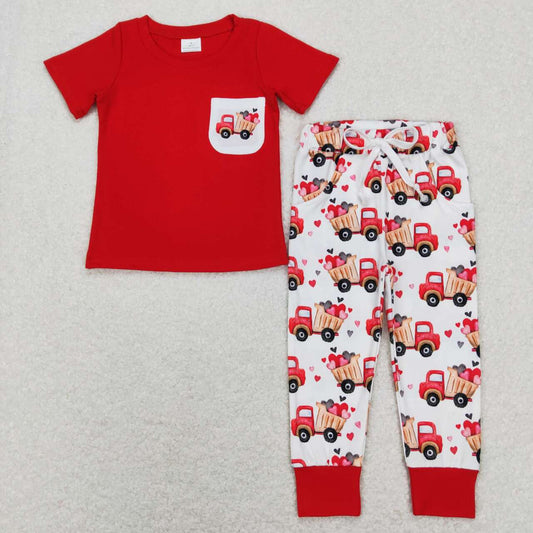 BSPO0267 Valentine's Day Pocket Red Short Sleeve Heart Truck Pants Boys Set