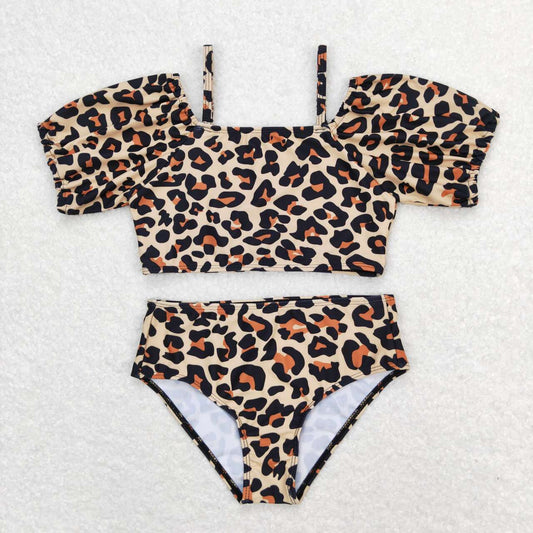 S0272 leopard short sleeve girls swimsuits