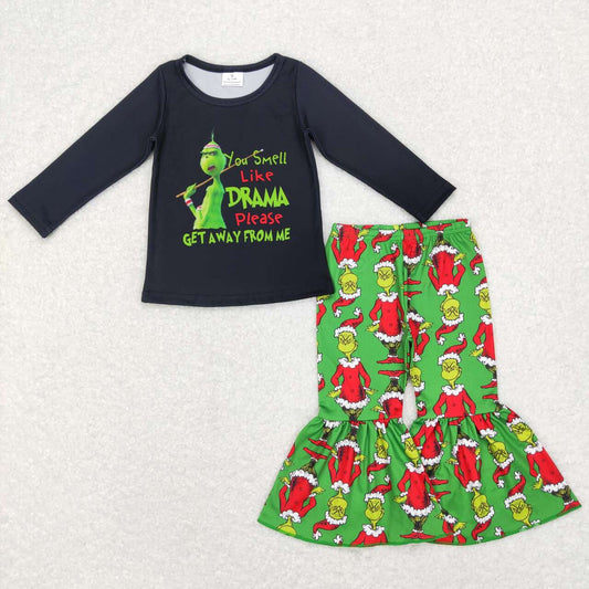 GLP0999 Christmas green face long sleeve green pants girls set