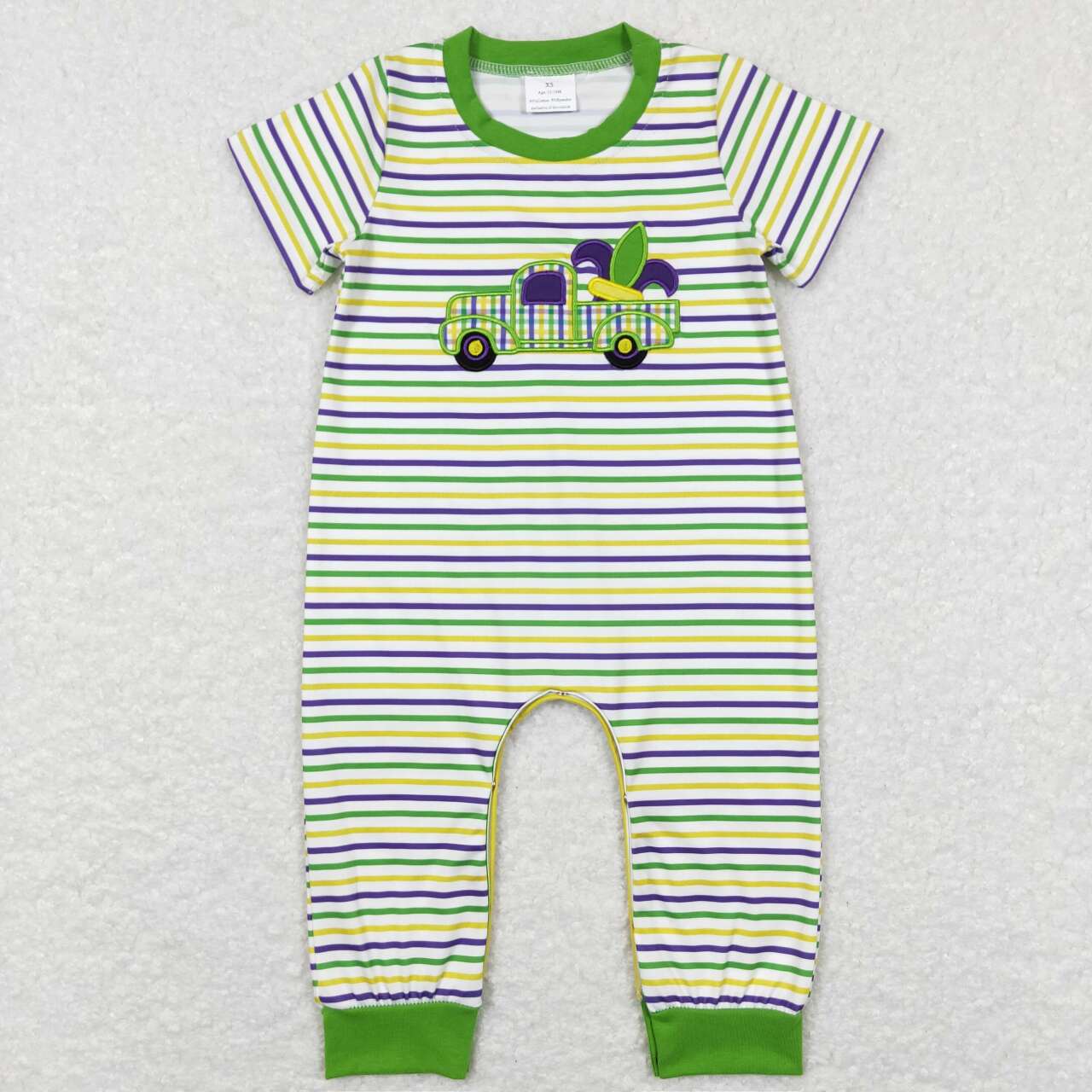 SR0519 Mardi gras truck green striped short sleeve boys romper