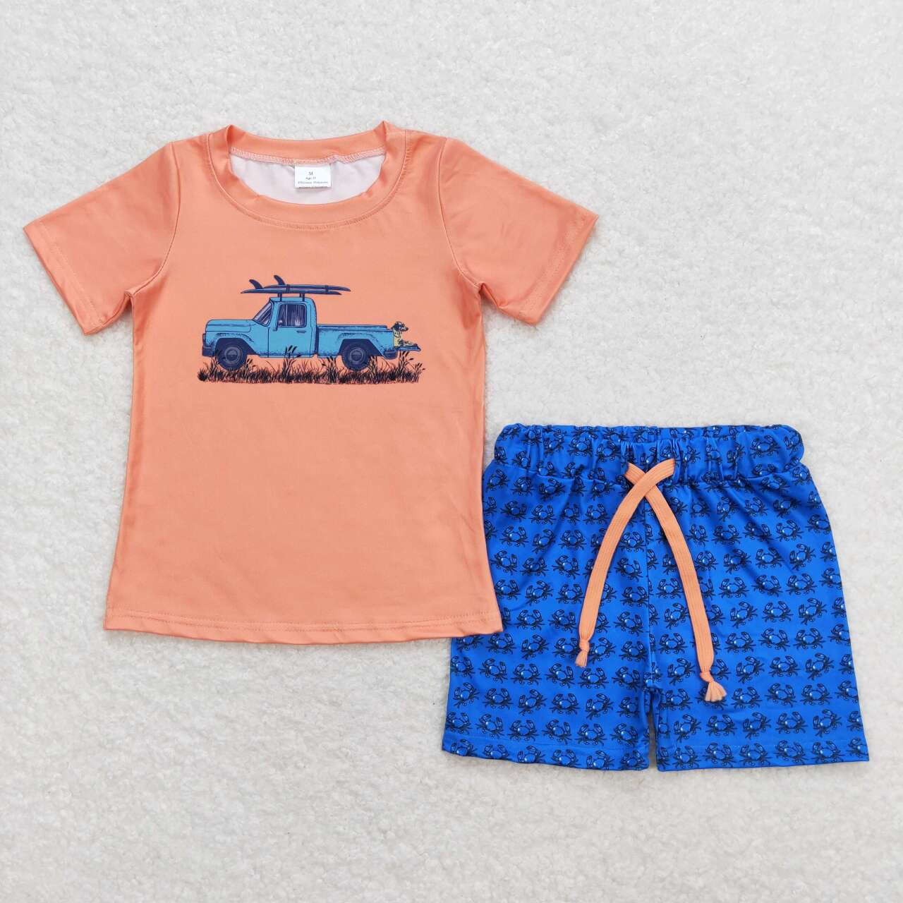 BSSO0706 Truck orange short sleeve blue crab shorts boys set