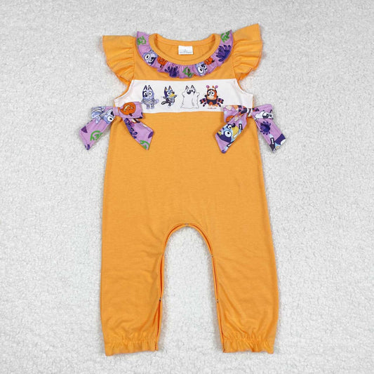 SR1796 Halloween blue dog orange flutter sleeve girls bows romper