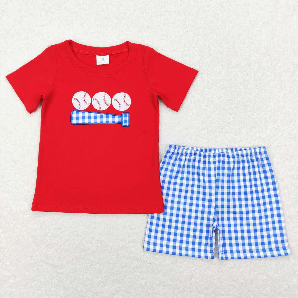 BSSO0388 Play baseball red short sleeve blue checkered shorts boys set