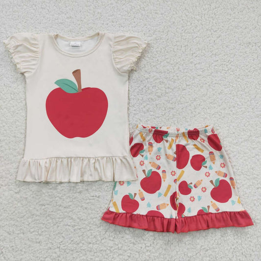 GSSO0359 Back To School Apple Pen Short Sleeves Red Shorts Girls Summer Set