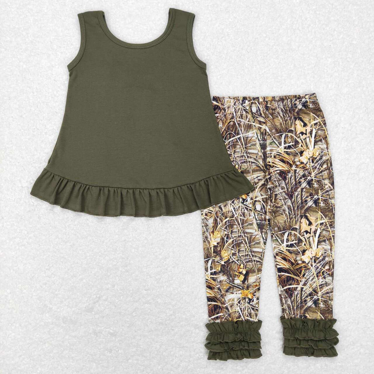 GSPO1089 Hunting camo brown ruffles sleeveless pants girls set