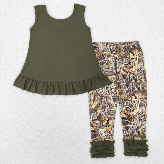 GSPO1089 Hunting camo brown ruffles sleeveless pants girls set