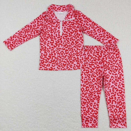 GLP1093 Hot pink leopard zipper pullover pants girls pajamas