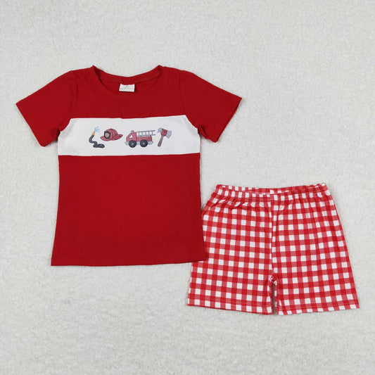 BSSO0666 Fire truck hat red short sleeve red checkered shorts boys set