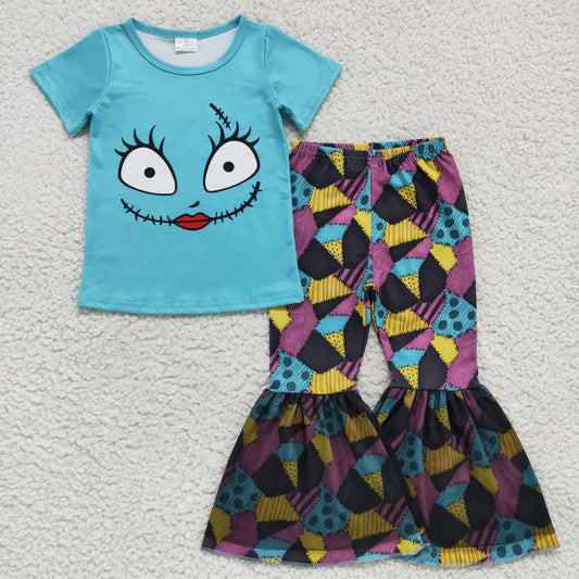 GSPO0821 Halloween blue smile short sleeve patchwork pattern lace pants girls set