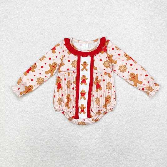 LR1583 Christmas gingerbread man red long sleeve girls romper