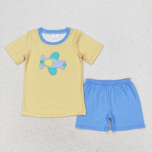 BSSO0724 embroidery cartoon plane yellow short sleeve blue shorts boys set