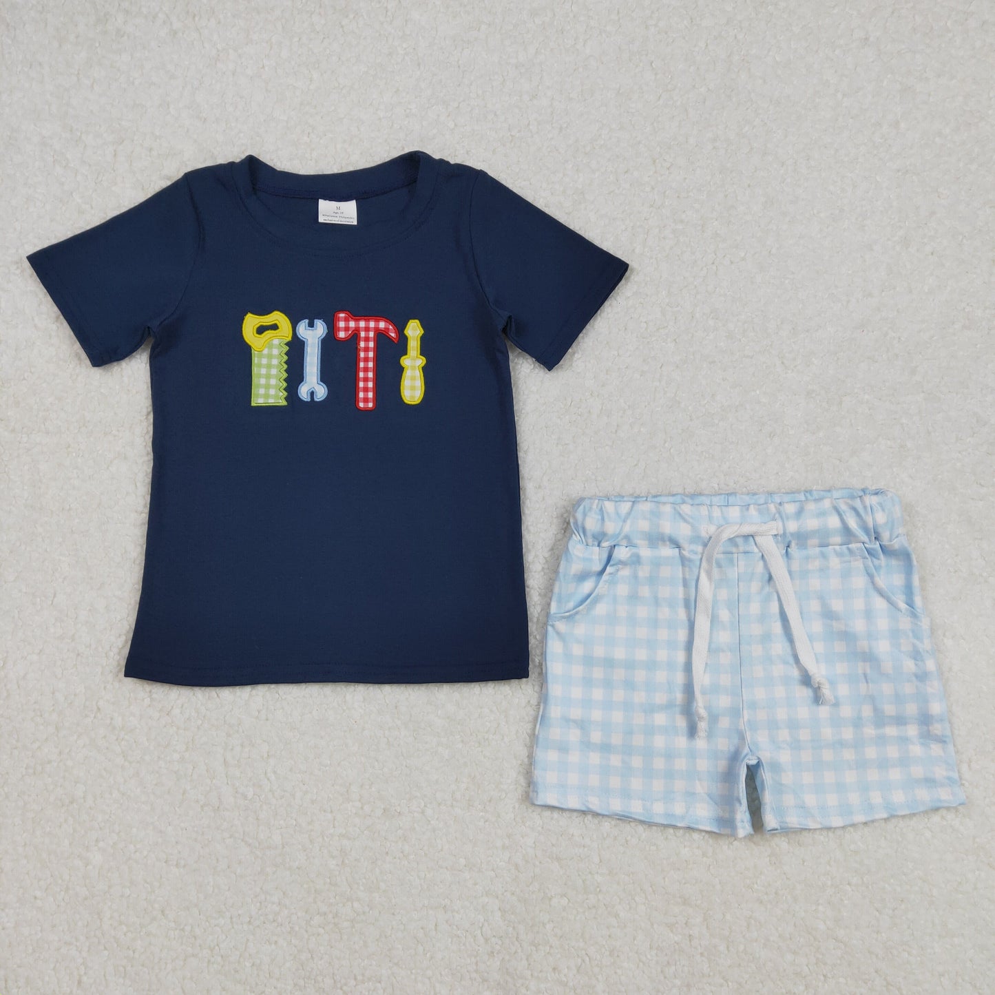 embroidery BSSO1118 cartoon tool navy blue short sleeve blue checkered shorts boys set