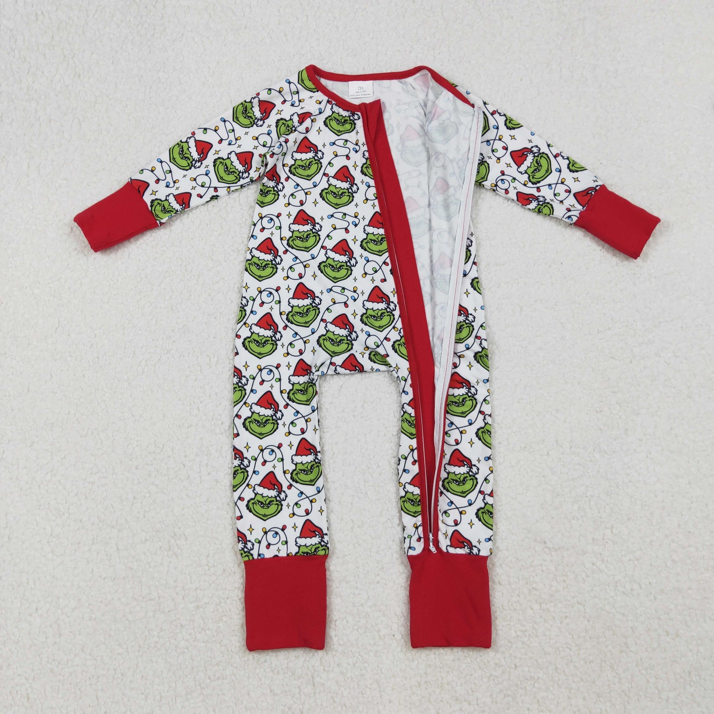 LR2574 Christmas green face light zipper long sleeve girls romper