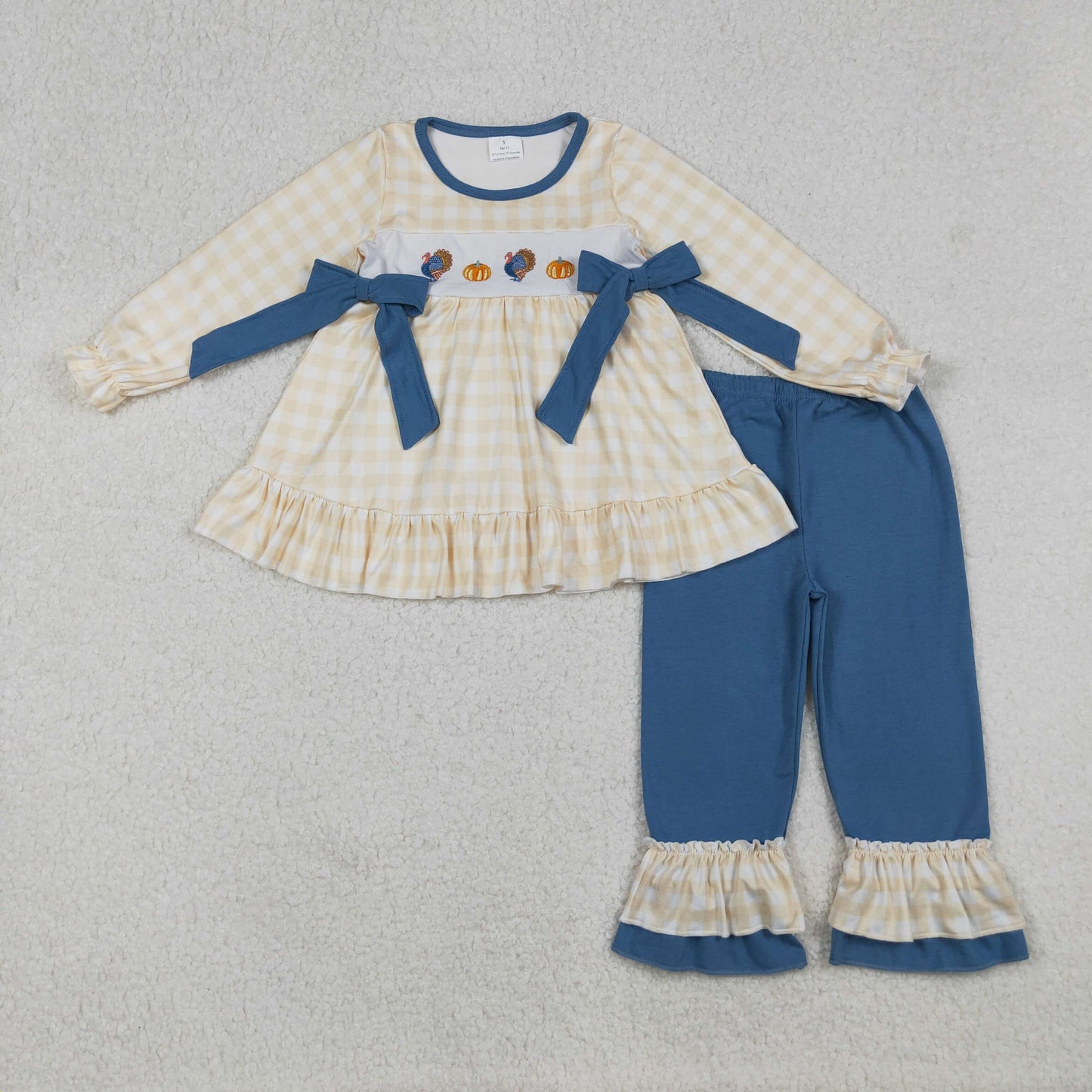 embroidery GLP2594 Thanksgiving turkey pumpkin orange checkered bows long sleeve blue pants girls set