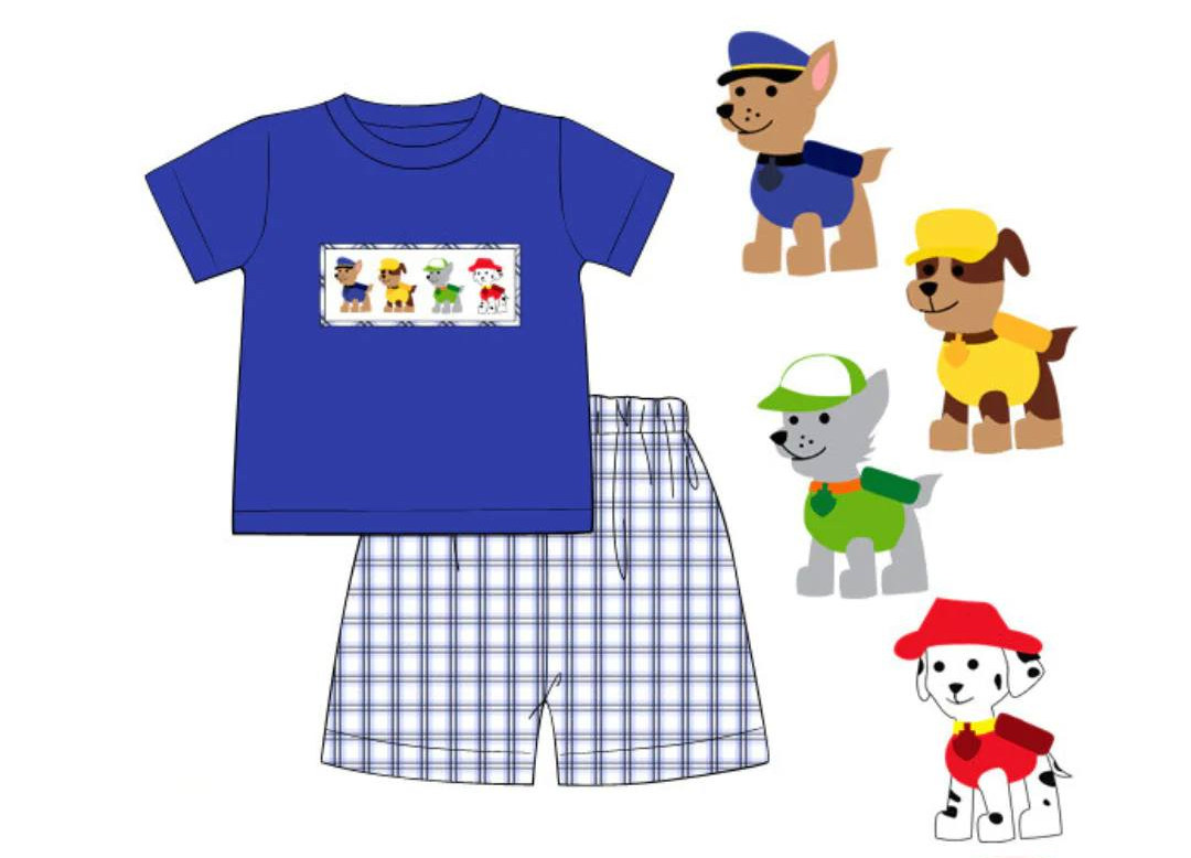 custom cartoon cute dog blue short sleeve shorts boys set