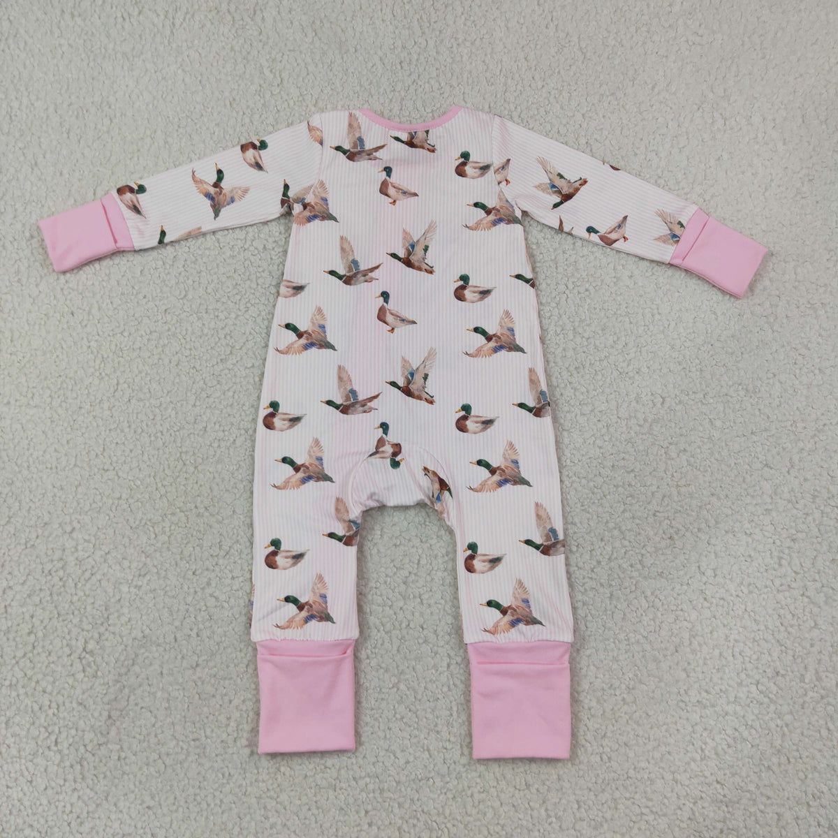 LR3218 Mallard Duck Pink Zipper Long Sleeve Girls Romper
