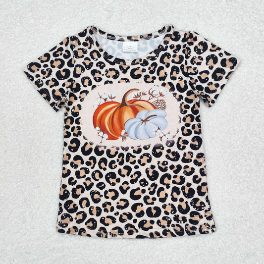 GT0688 Autumn pumpkin leopard short sleeve girls top