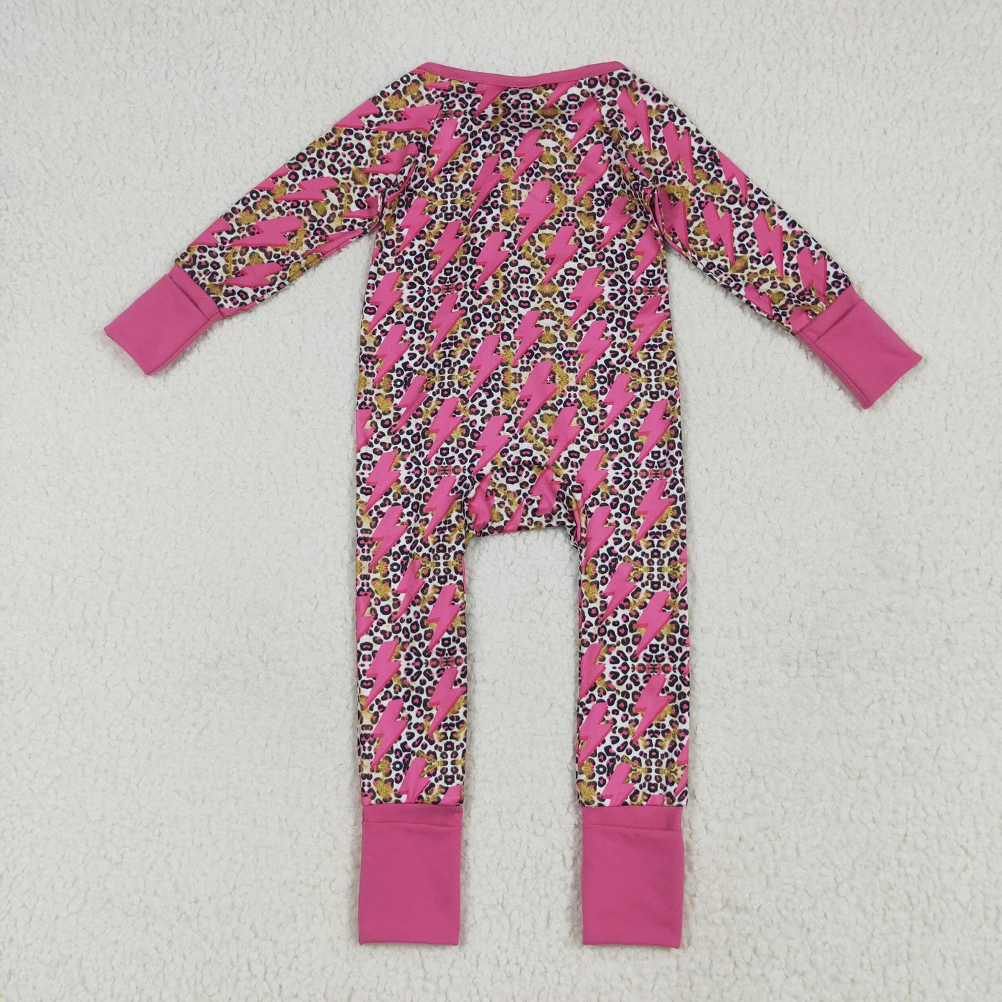 Custom moq 20 bamboo leopard hot pink flash long sleeve zipper girls romper