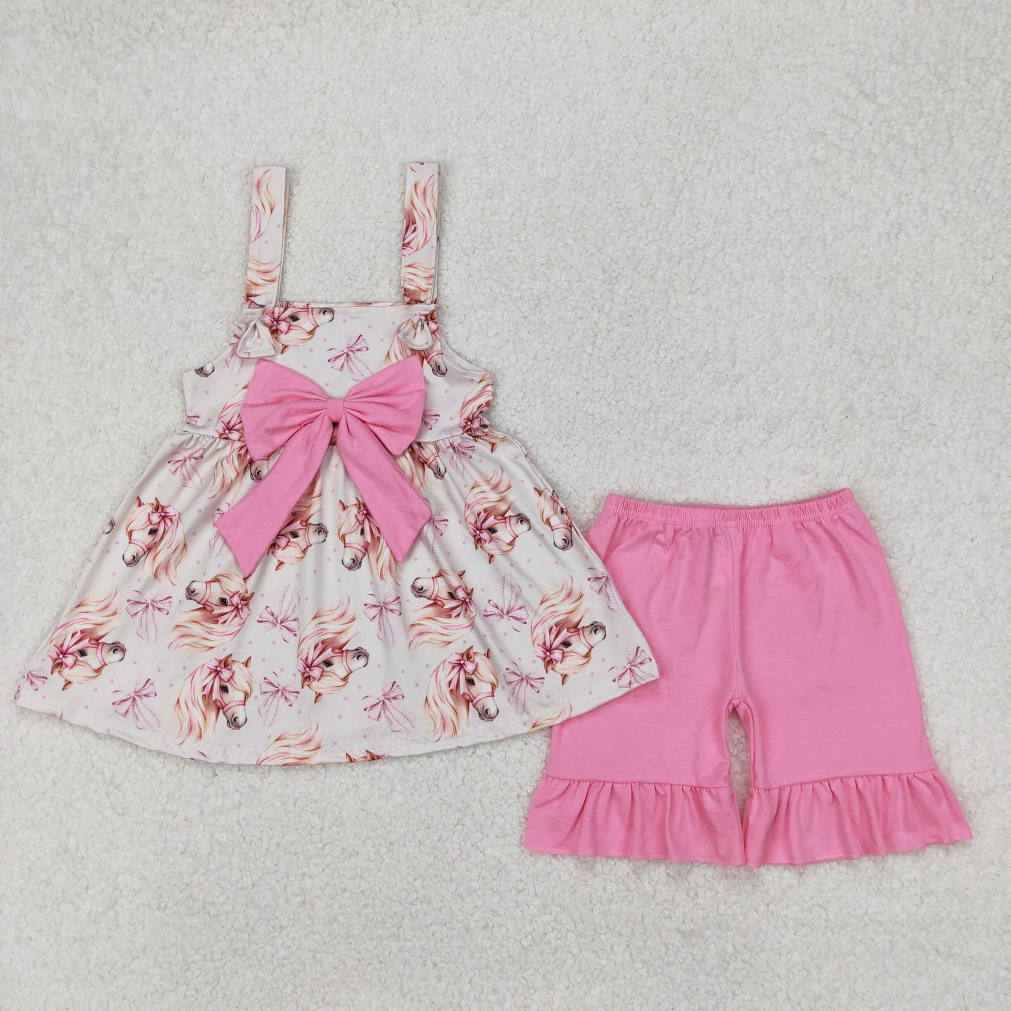GSSO2100 pink horse bows with big bow camisole top pink shorts girls set