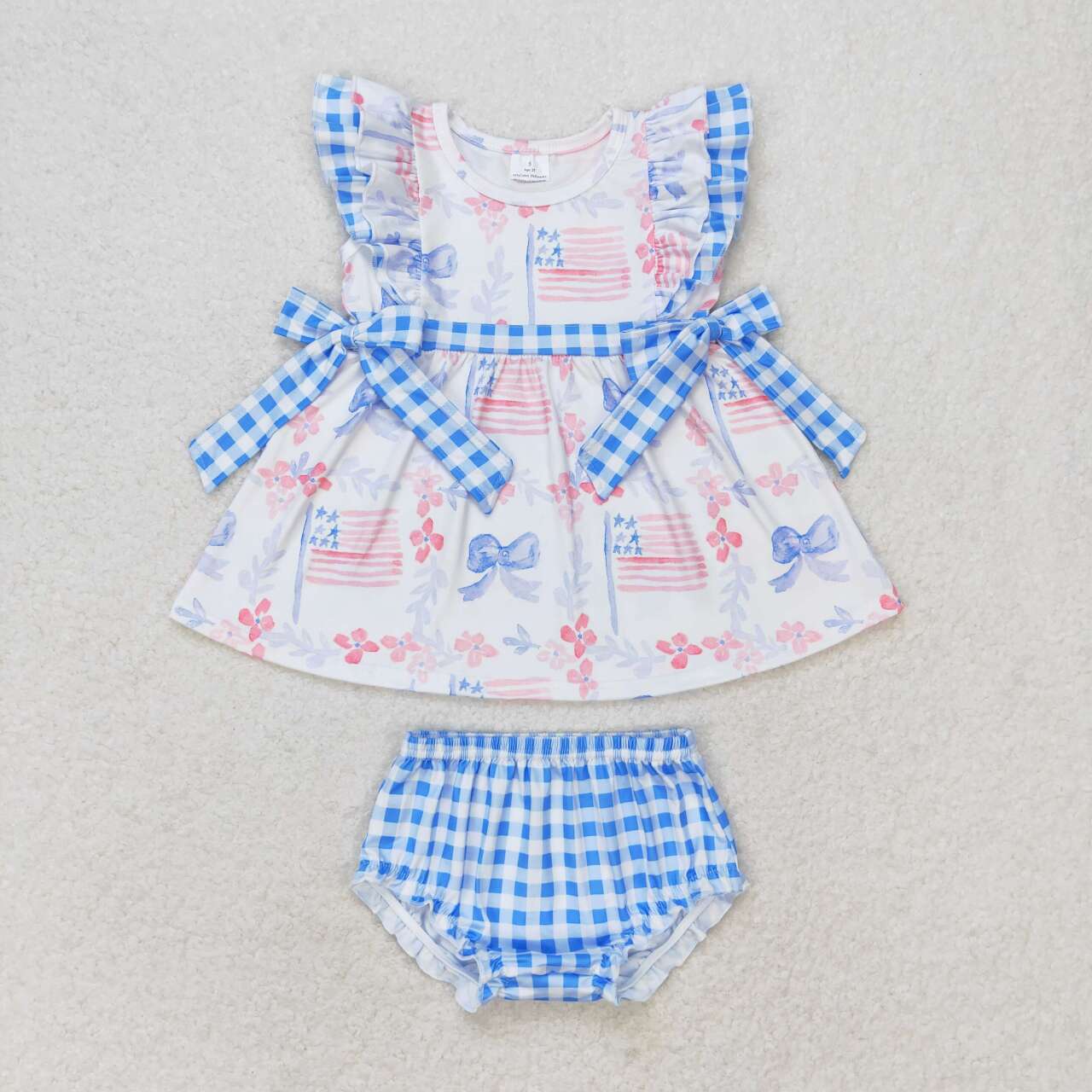 GBO0363 July 4th flag bow flutter sleeve blue checkered girls bummies set