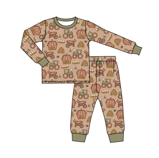 custom S 10.18 Farm tractor house egg brown long sleeve pants boys pajamas