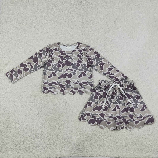 GLD1614 Scallop Hunting Camo Long Sleeve Skorts Girls Set